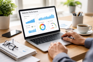 business owner reviewing website performance and analytics on laptop