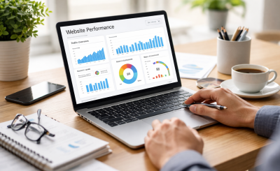 business owner reviewing website performance and analytics on laptop