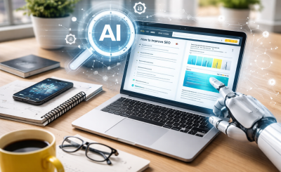 AI search optimization concept showing a website being analyzed by artificial intelligence on a laptop