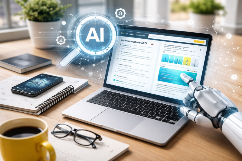 AI search optimization concept showing a website being analyzed by artificial intelligence on a laptop