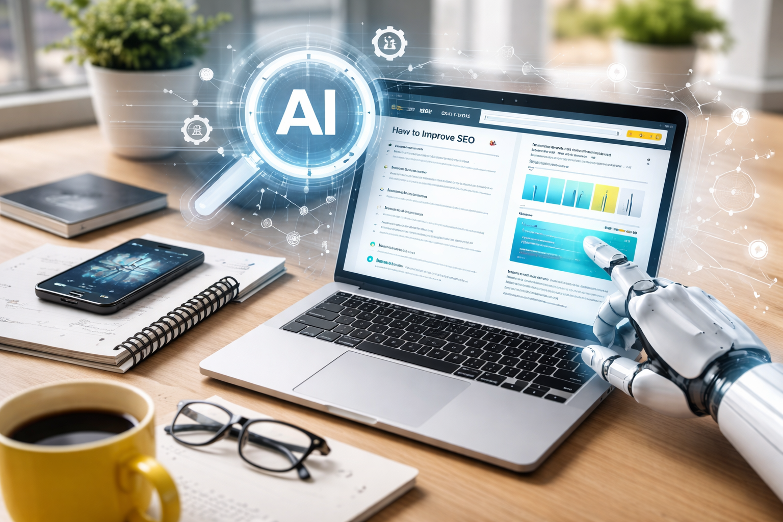 AI search optimization concept showing a website being analyzed by artificial intelligence on a laptop