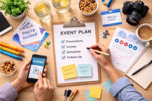 Laptop, coffee, and event planning materials on a desk representing event marketing strategy for small business