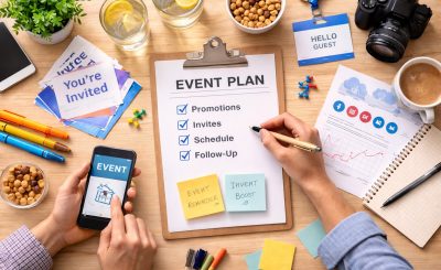 Laptop, coffee, and event planning materials on a desk representing event marketing strategy for small business