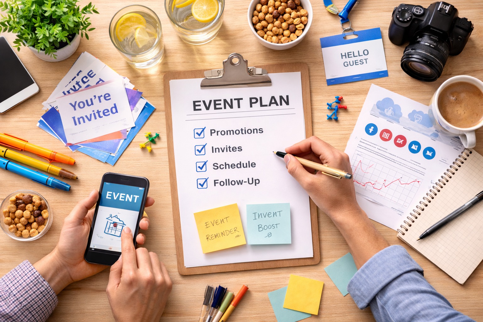 Laptop, coffee, and event planning materials on a desk representing event marketing strategy for small business